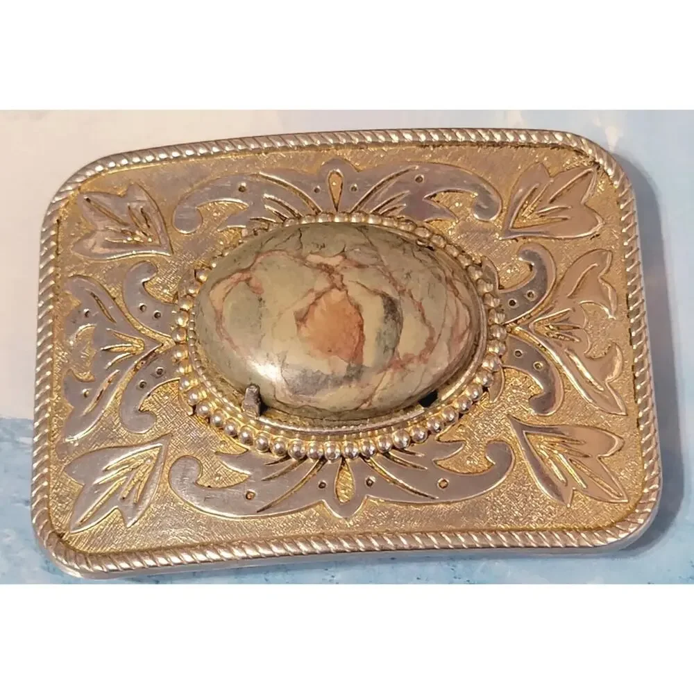Vintage Brassy Silver-tone Large Belt Buckle‎ Agate 3.75